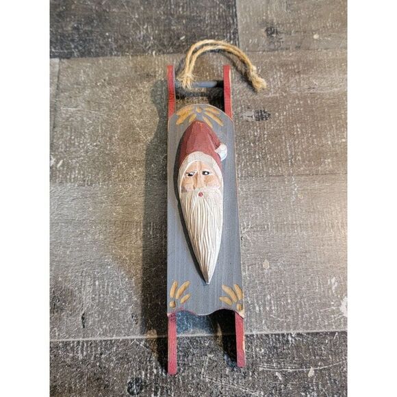 Wooden sled Santa Claus face ornament Xmas decor - Picture 1 of 5